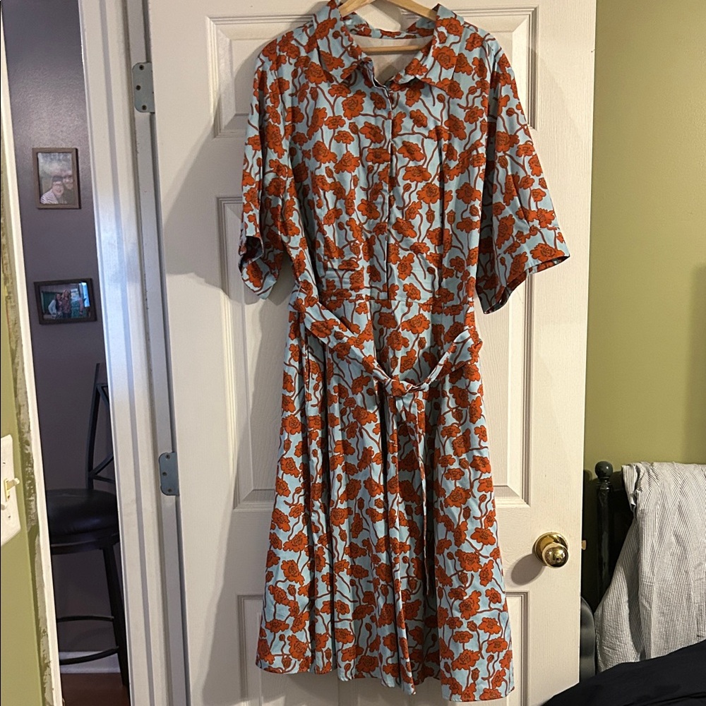 eShakti Floral Midi Dress in Blue and Orange